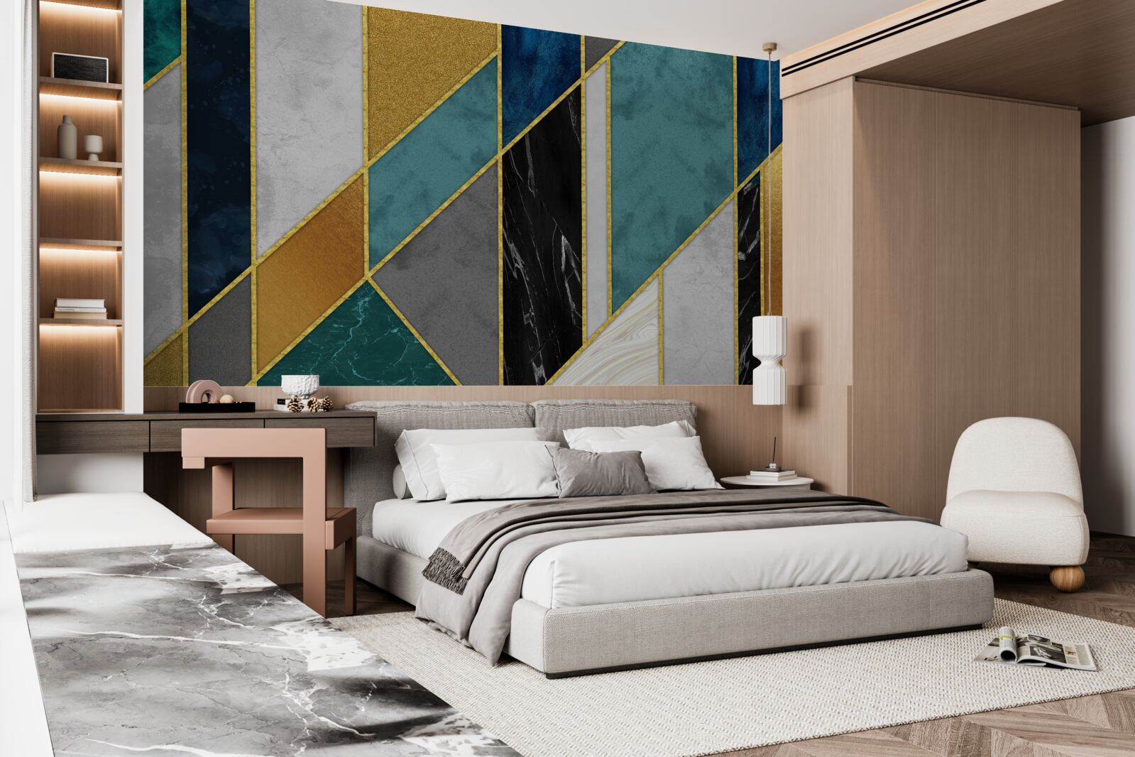 Papier peint marbre de différentes couleurs, terminé par des figures dorées