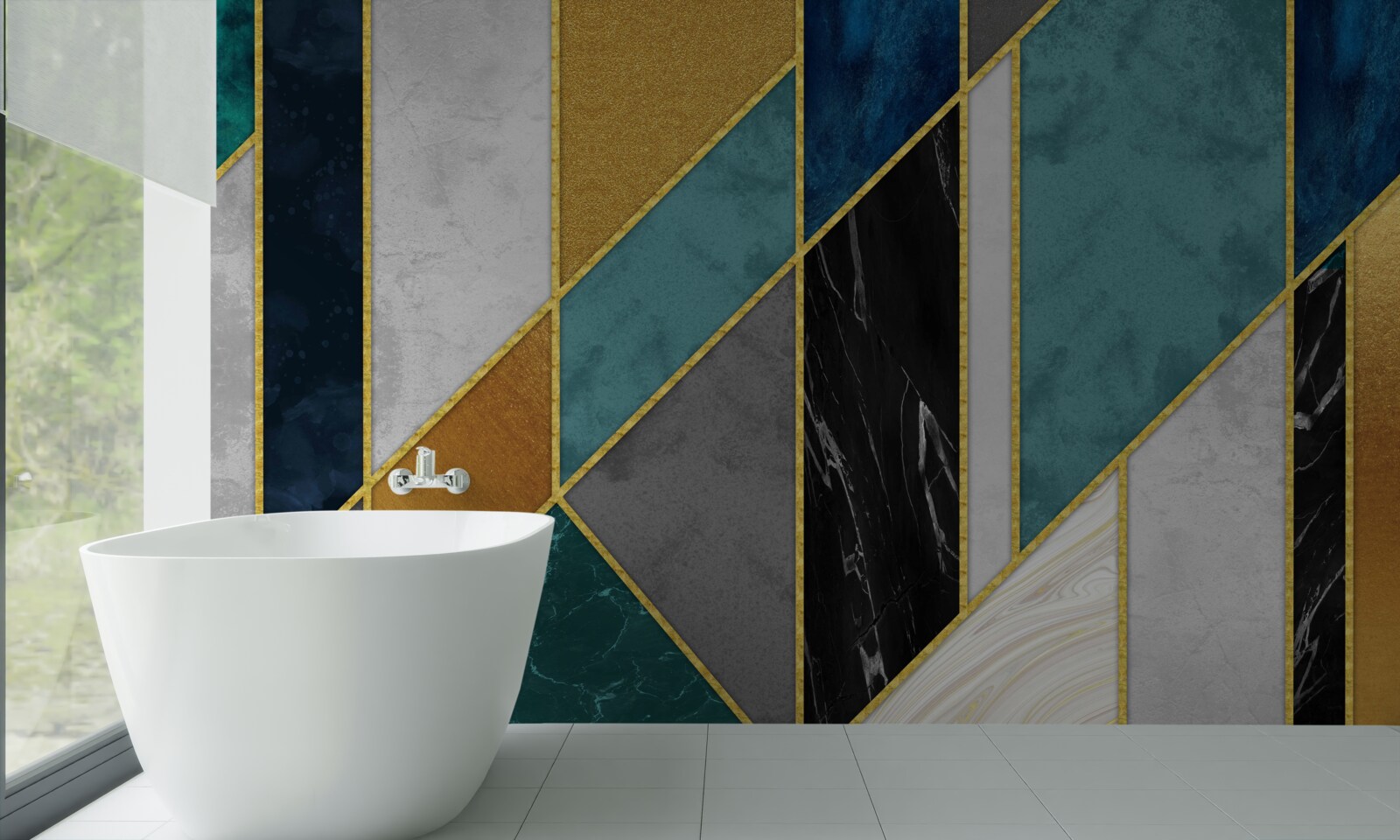 Papier peint marbre de différentes couleurs, terminé par des figures dorées