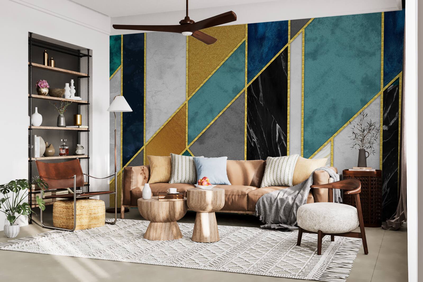 Papier peint marbre de différentes couleurs, terminé par des figures dorées