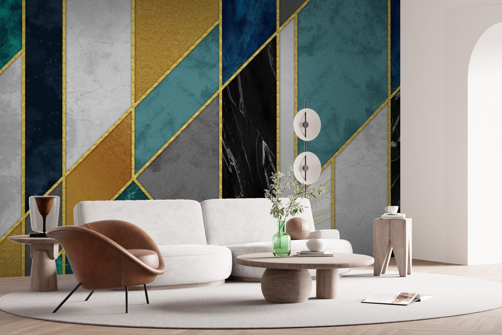 Papier peint marbre de différentes couleurs, terminé par des figures dorées