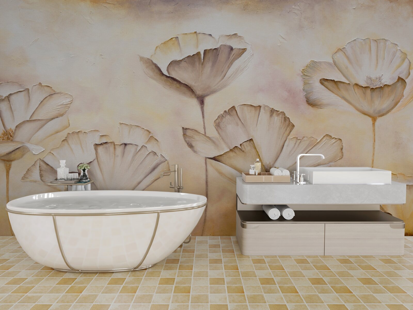 Papier peint matinée dans la brume et coquelicots majestueux