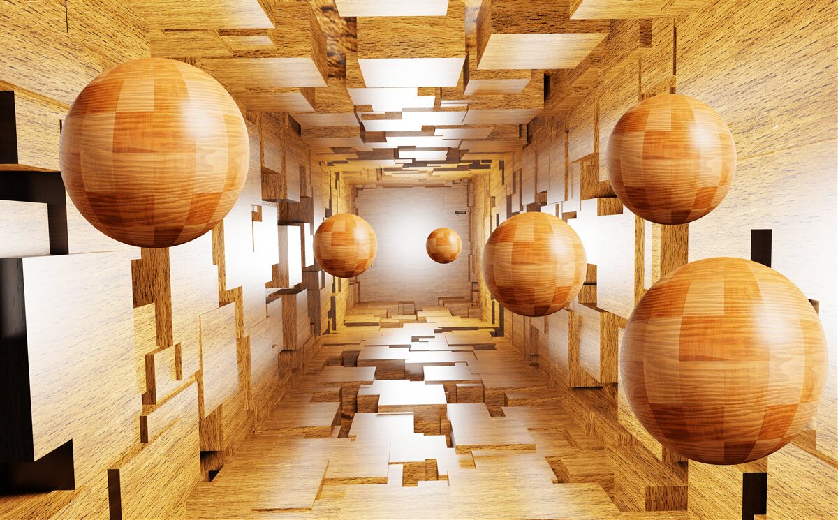 Papier peint boules de bois volant dans le ciel, flottant dans l'air