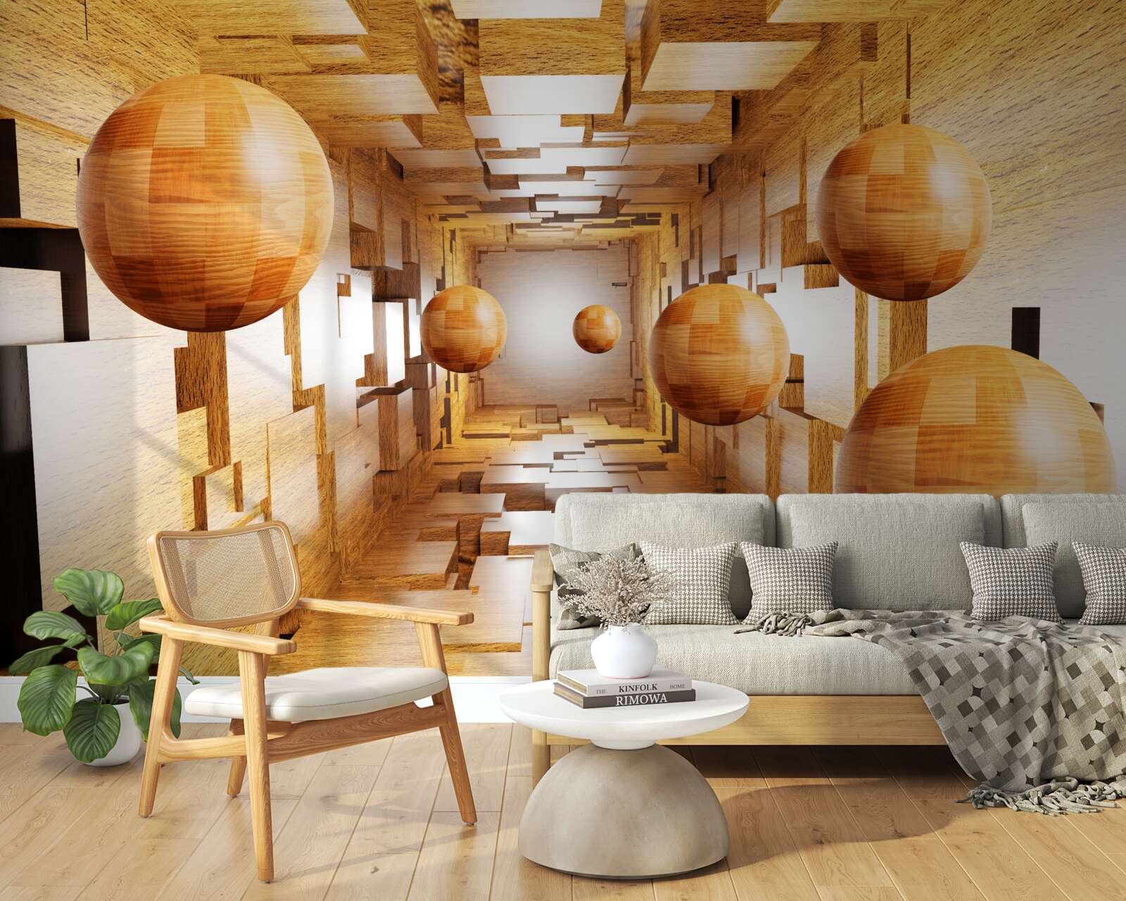 Papier peint boules de bois volant dans le ciel, flottant dans l'air