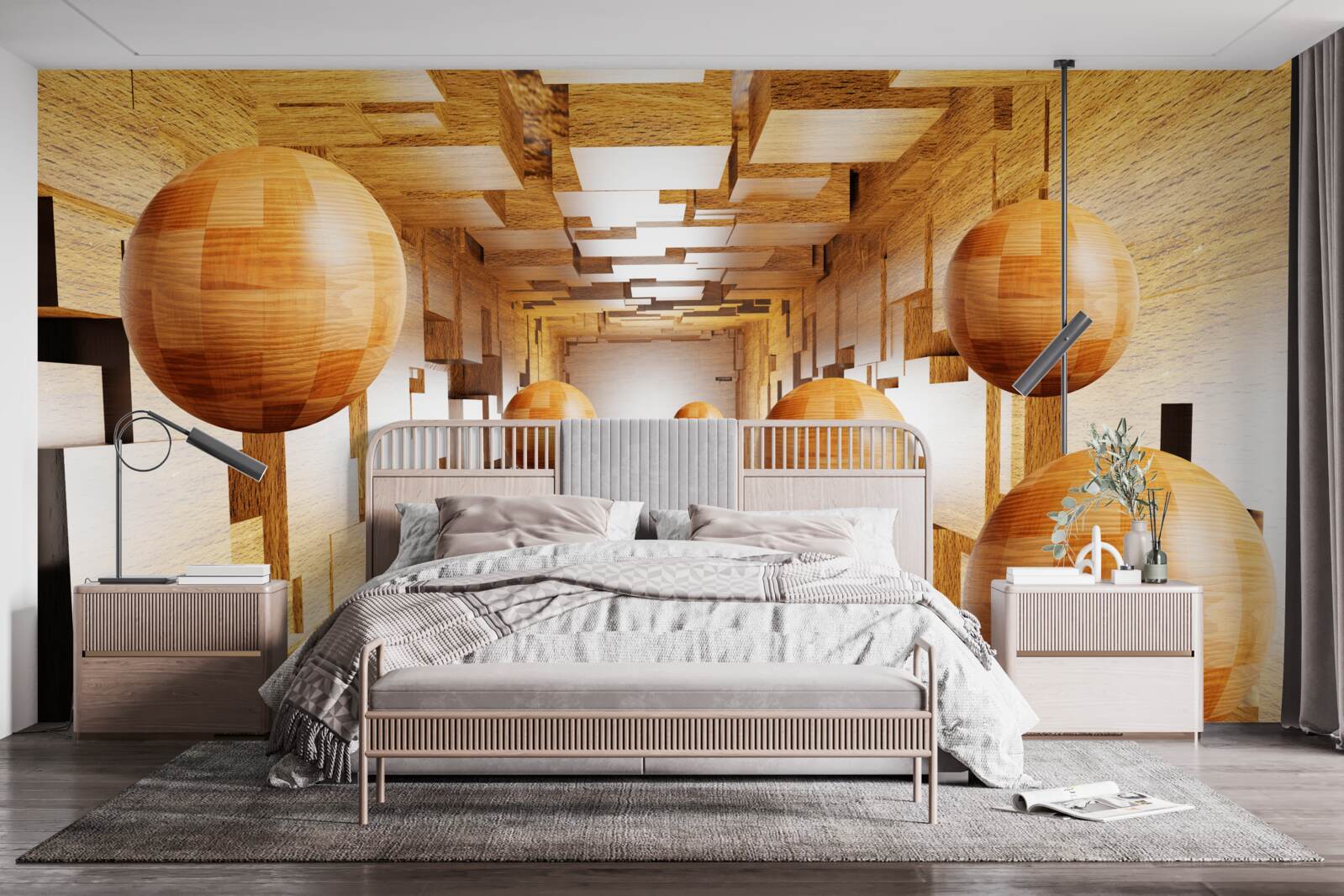 Papier peint boules de bois volant dans le ciel, flottant dans l'air