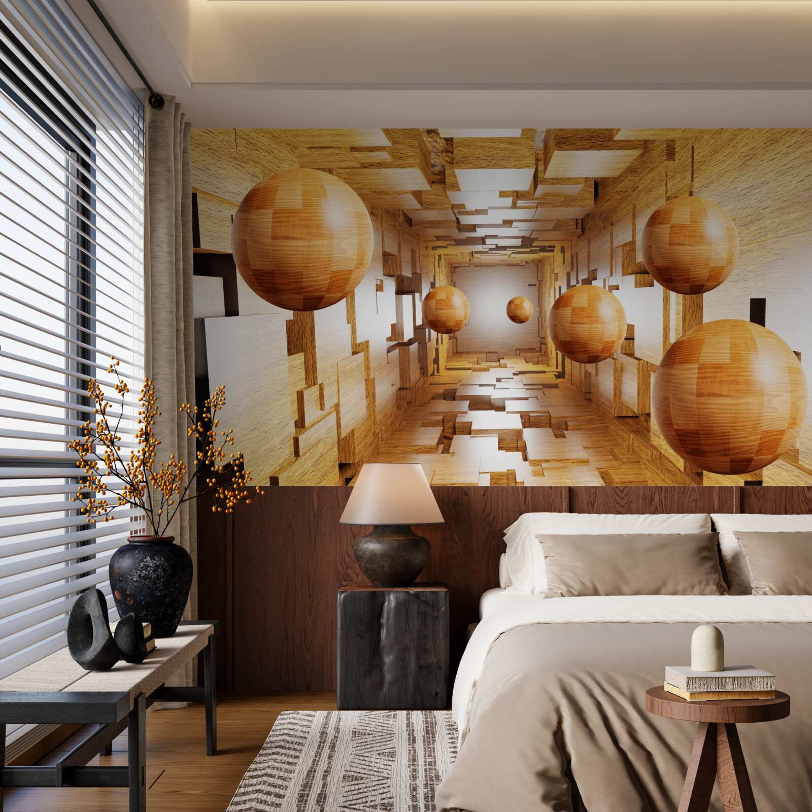 Papier peint boules de bois volant dans le ciel, flottant dans l'air