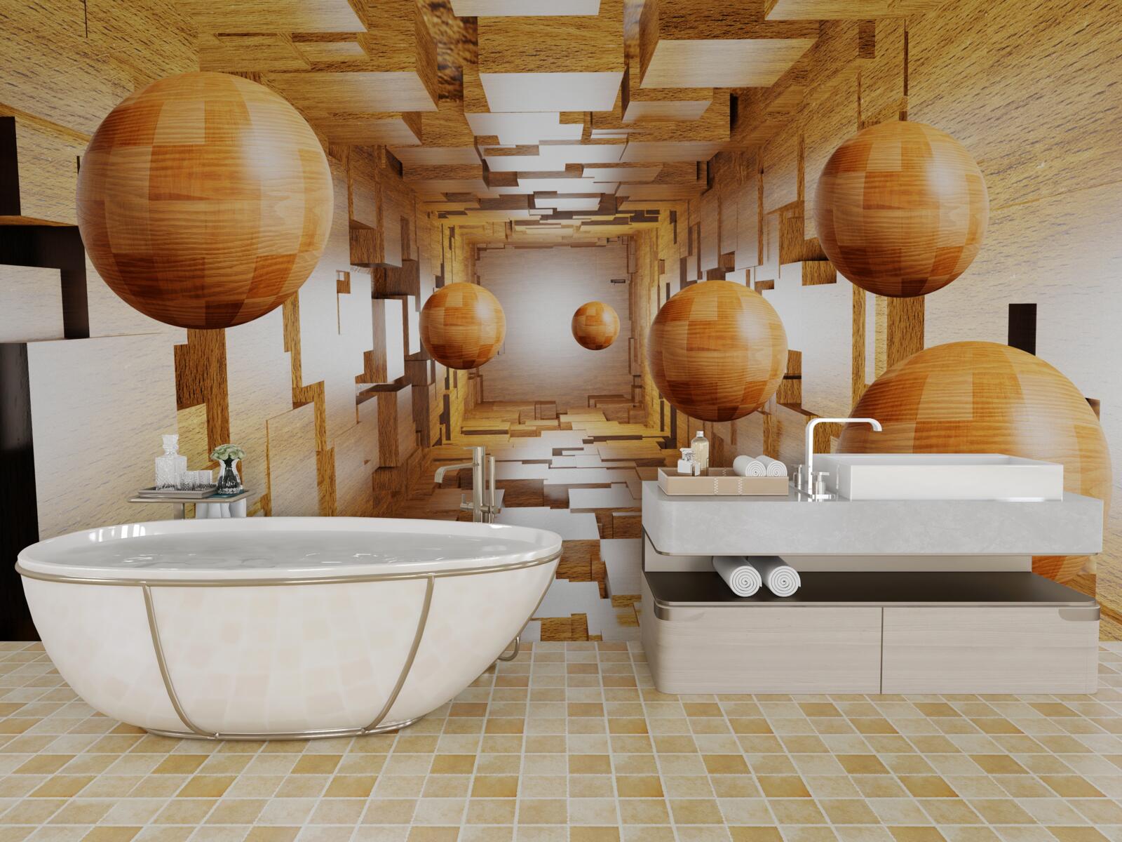 Papier peint boules de bois volant dans le ciel, flottant dans l'air