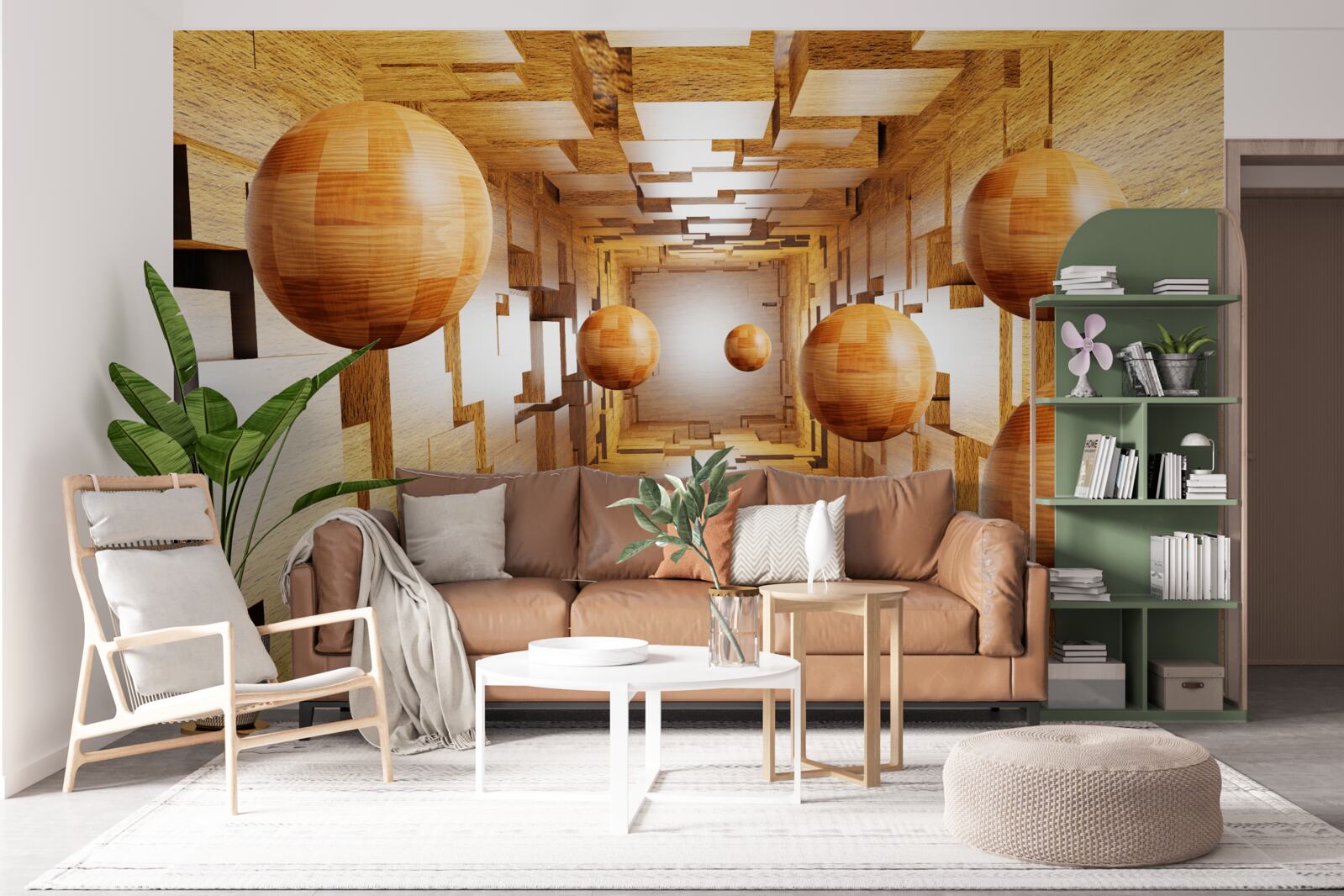 Papier peint boules de bois volant dans le ciel, flottant dans l'air