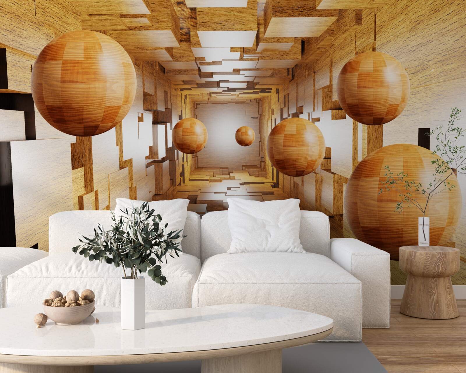 Papier peint boules de bois volant dans le ciel, flottant dans l'air