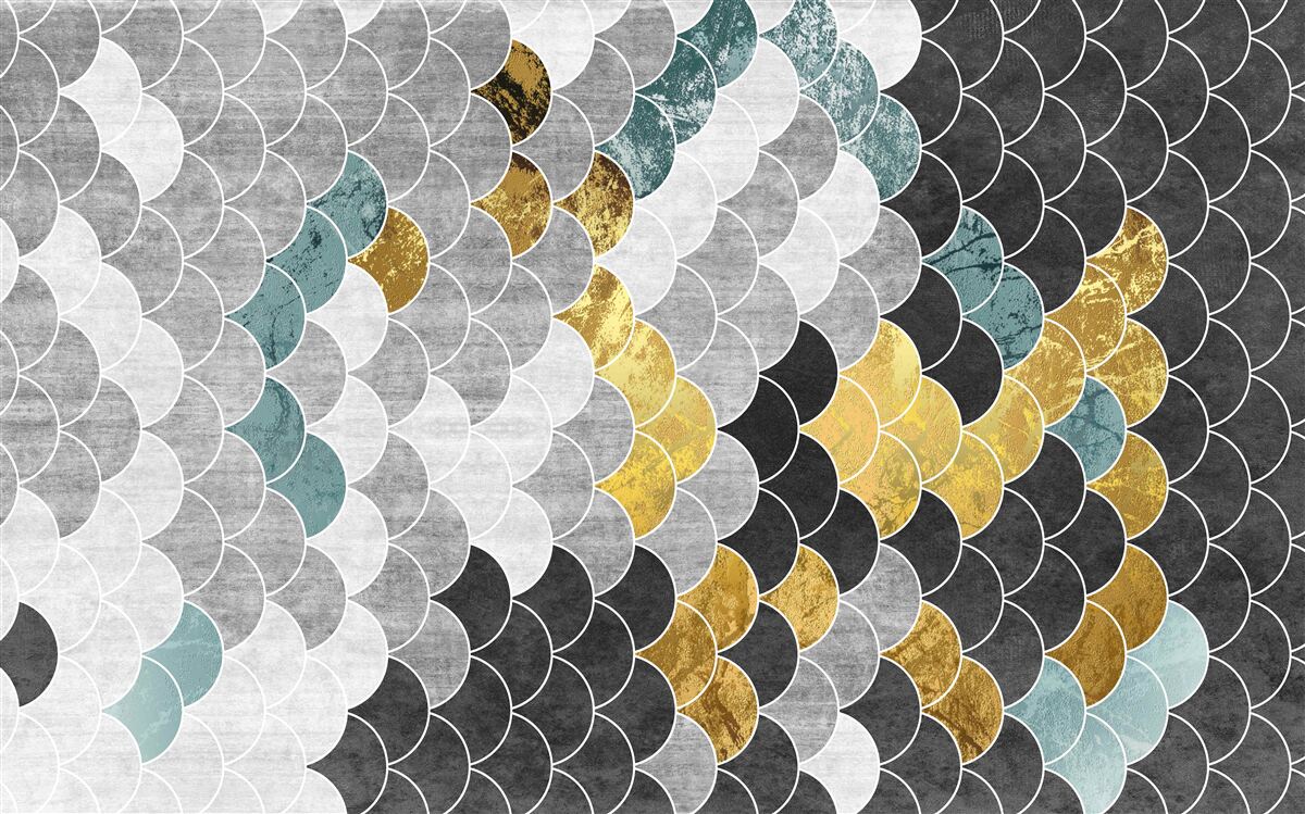 Papier peint formes géométriques en noir et blanc avec des éléments dorés