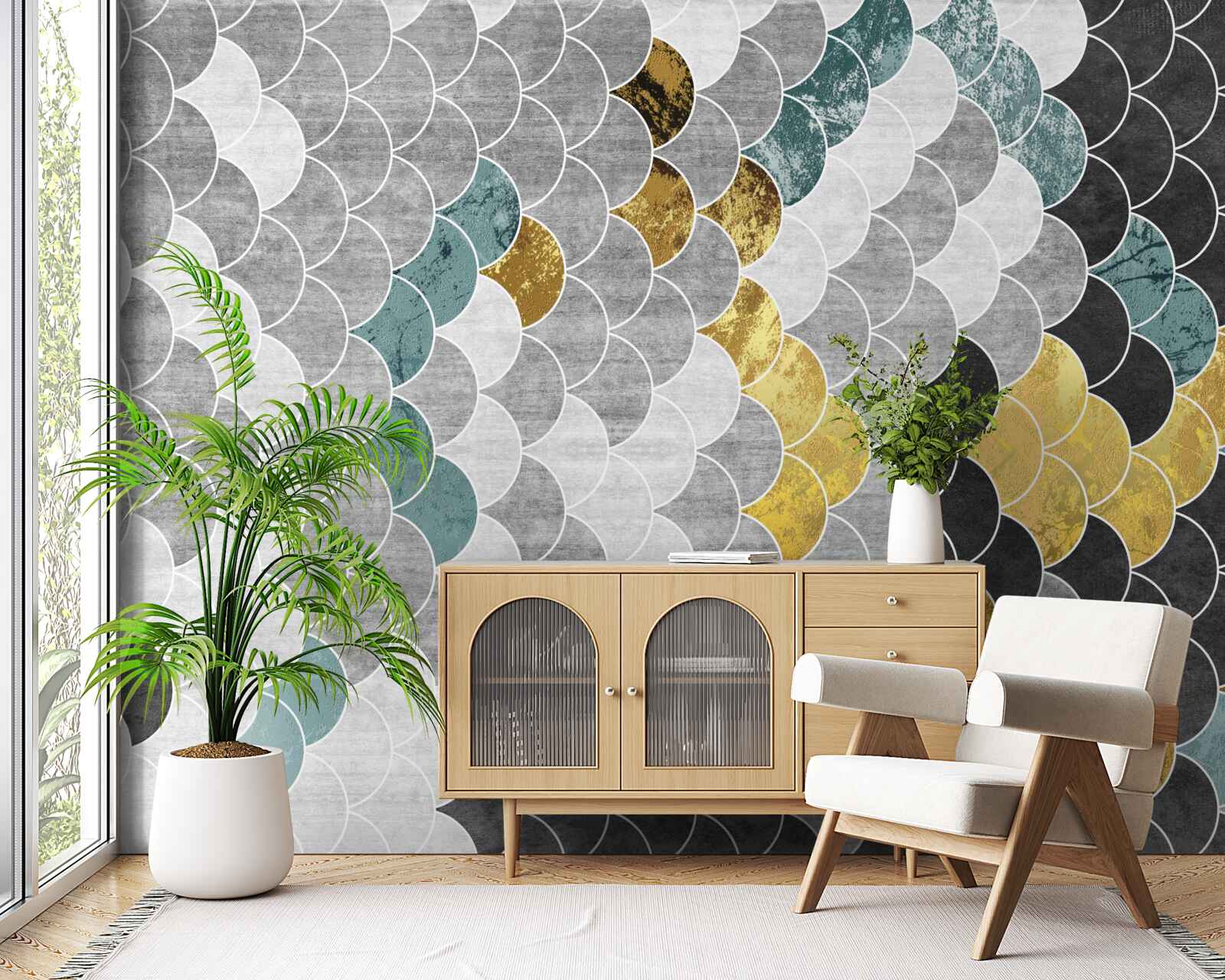 Papier peint formes géométriques en noir et blanc avec des éléments dorés