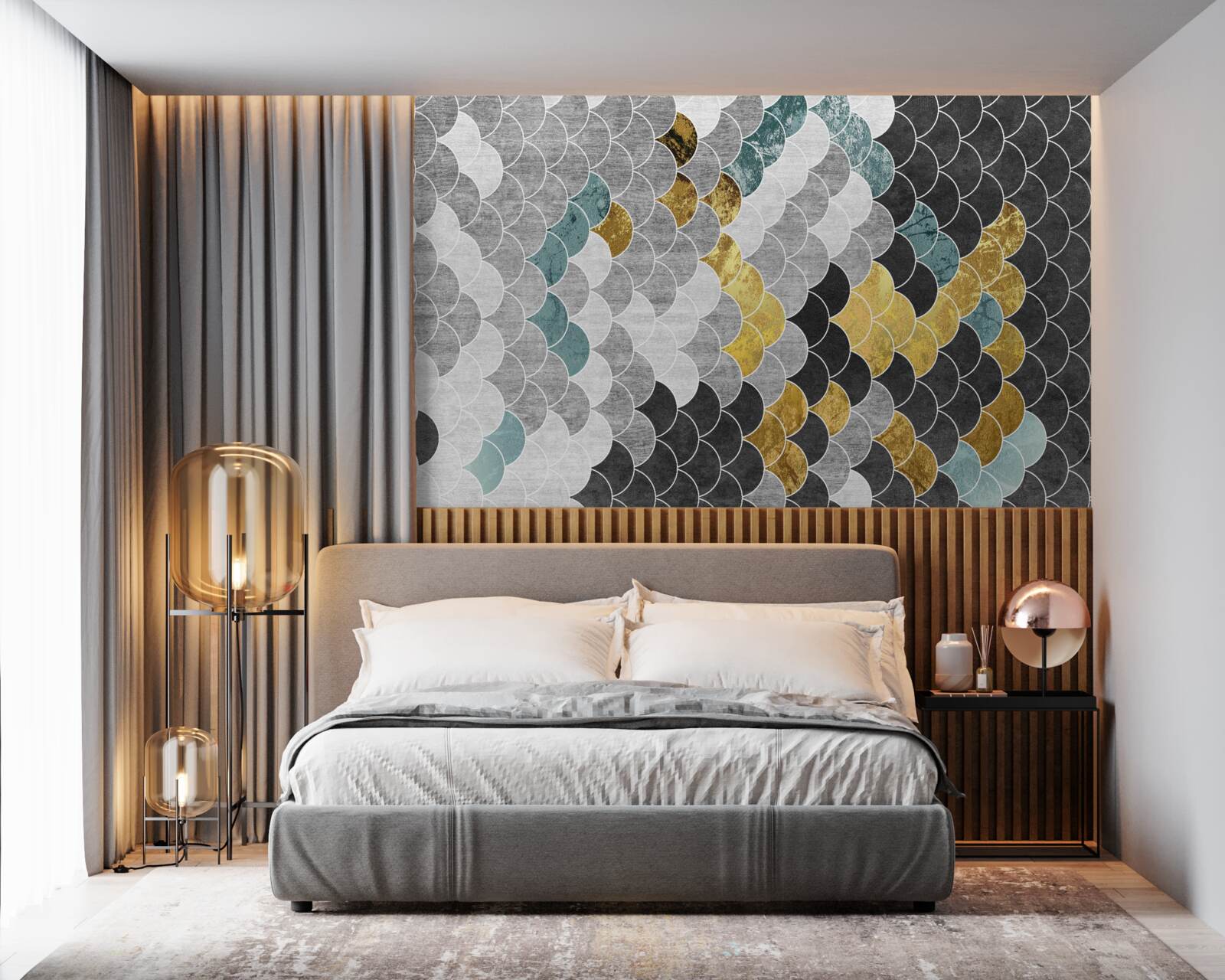 Papier peint formes géométriques en noir et blanc avec des éléments dorés