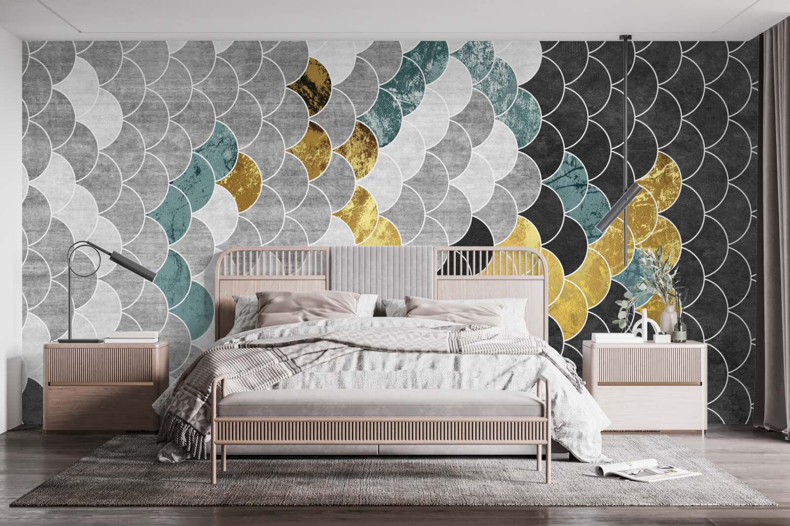 Papier peint formes géométriques en noir et blanc avec des éléments dorés