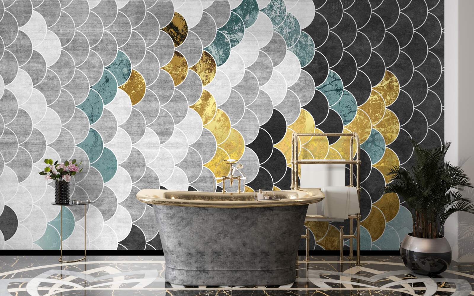 Papier peint formes géométriques en noir et blanc avec des éléments dorés