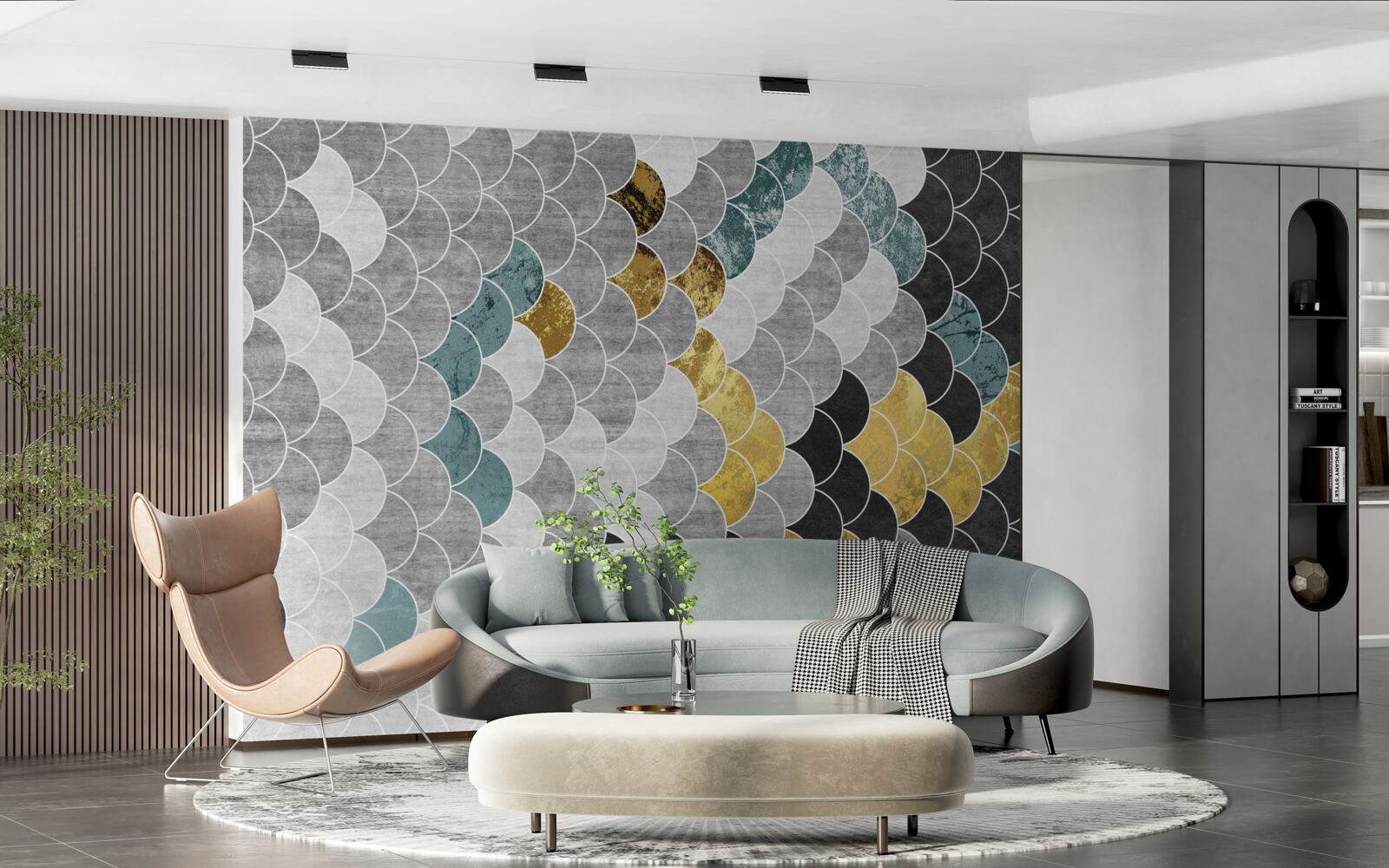 Papier peint formes géométriques en noir et blanc avec des éléments dorés