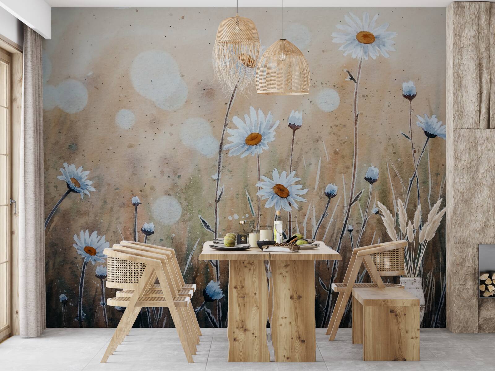 Papier peint comme des marguerites sous une pluie d'été