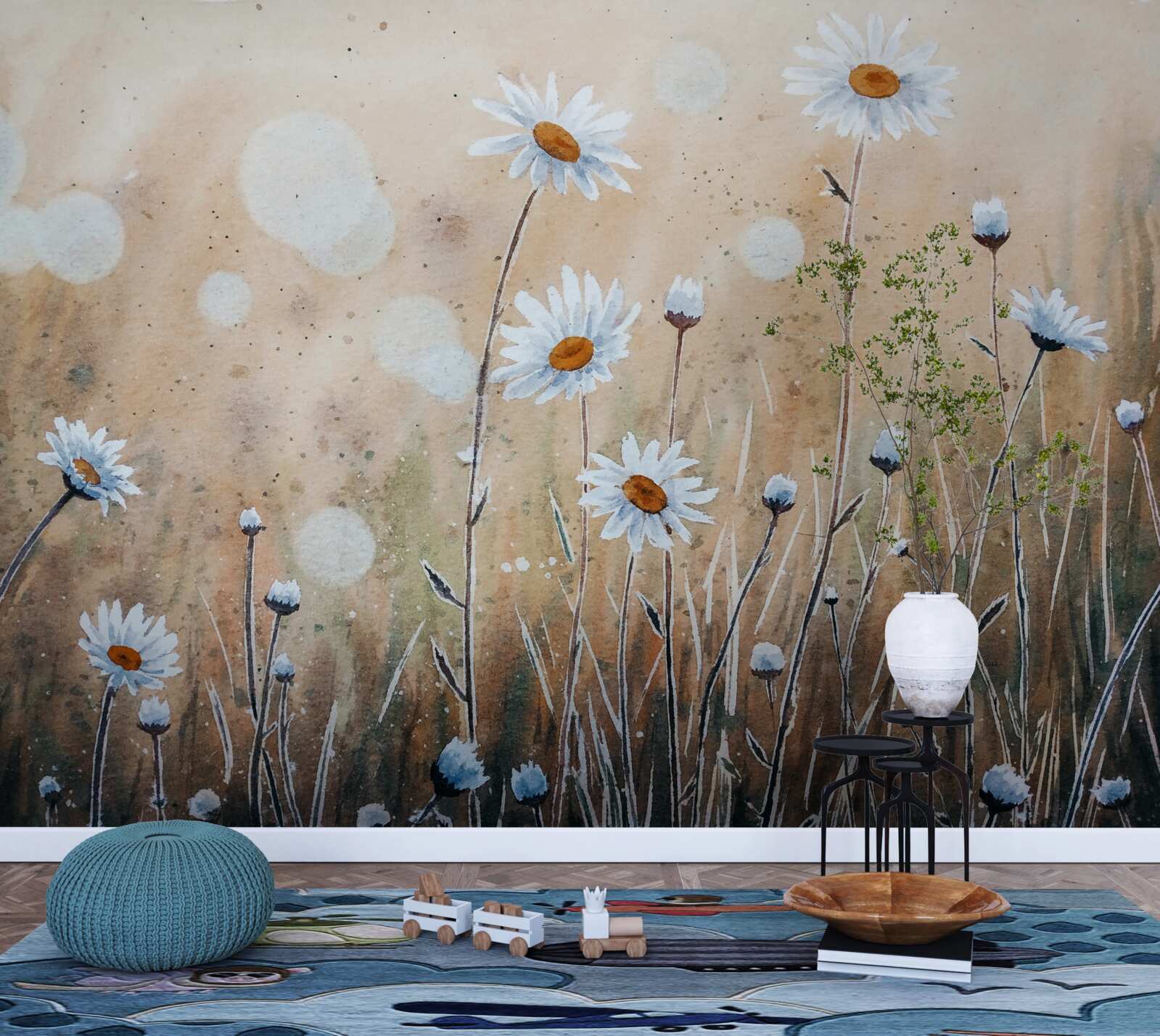 Papier peint comme des marguerites sous une pluie d'été