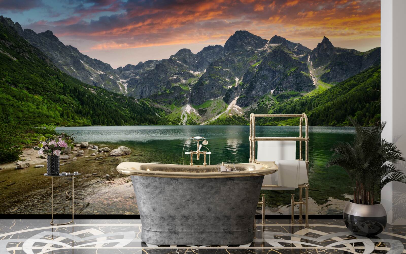 Papier peint une soirée calme et chaude et un étang de montagne