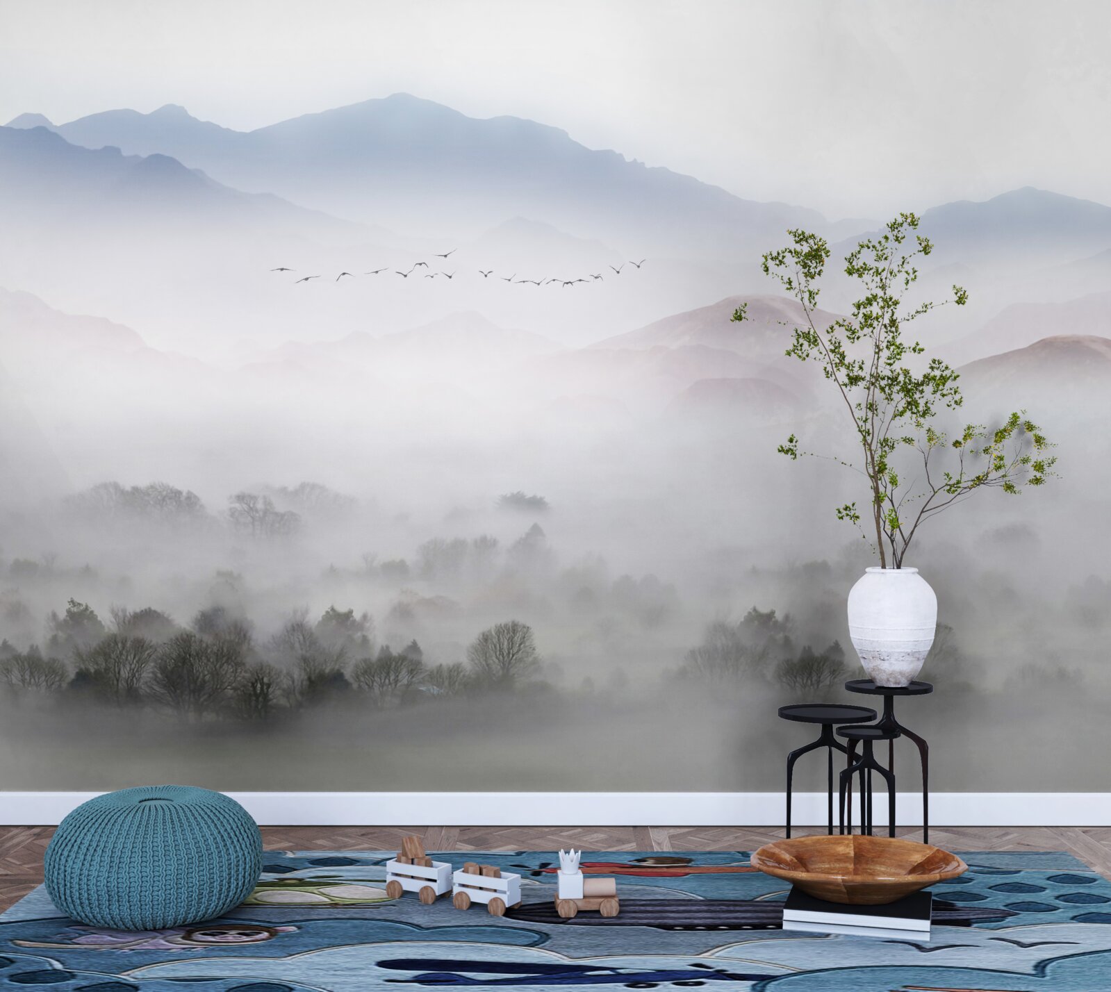 Papier peint un brouillard dense et frais recouvre les sommets des montagnes