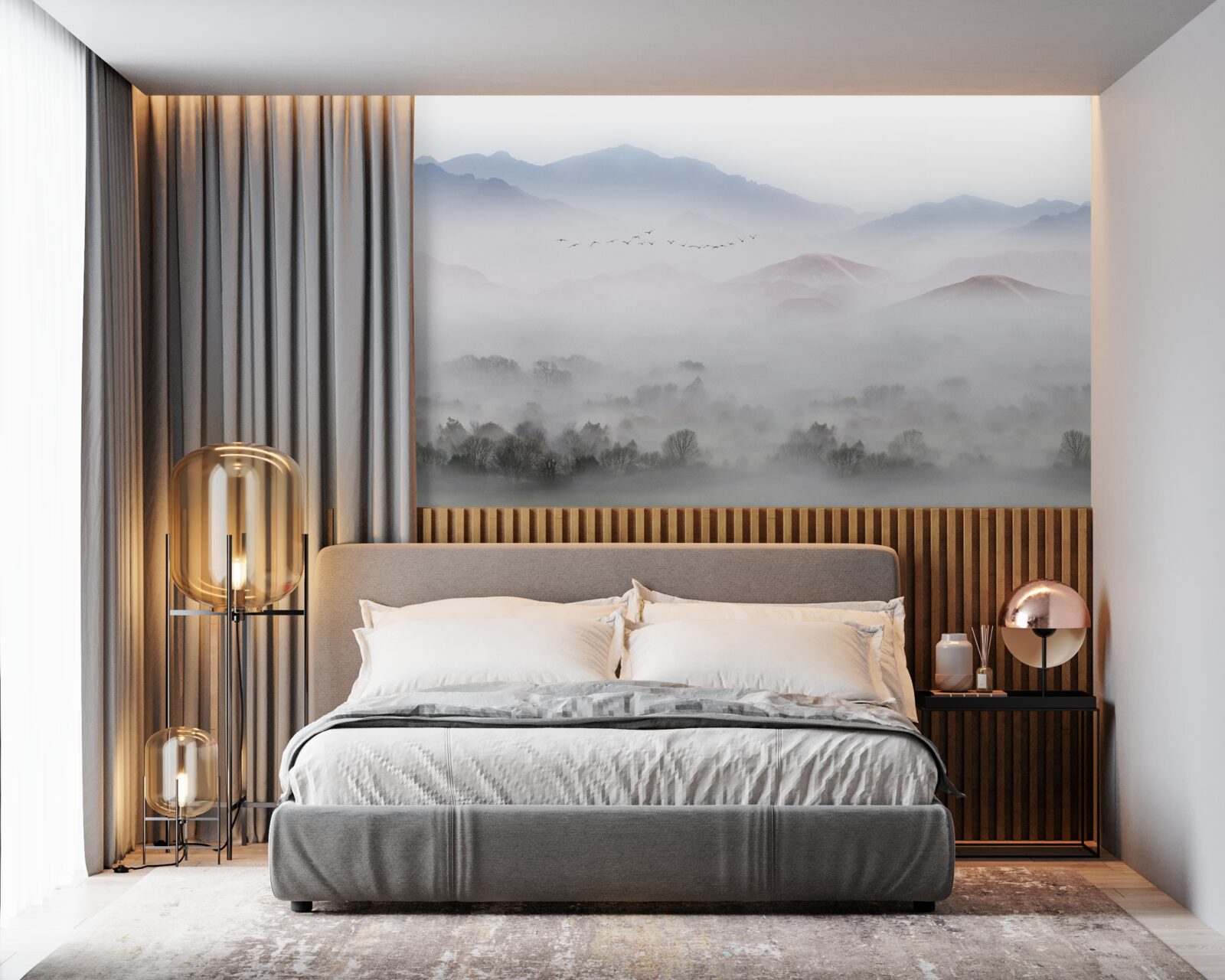 Papier peint un brouillard dense et frais recouvre les sommets des montagnes