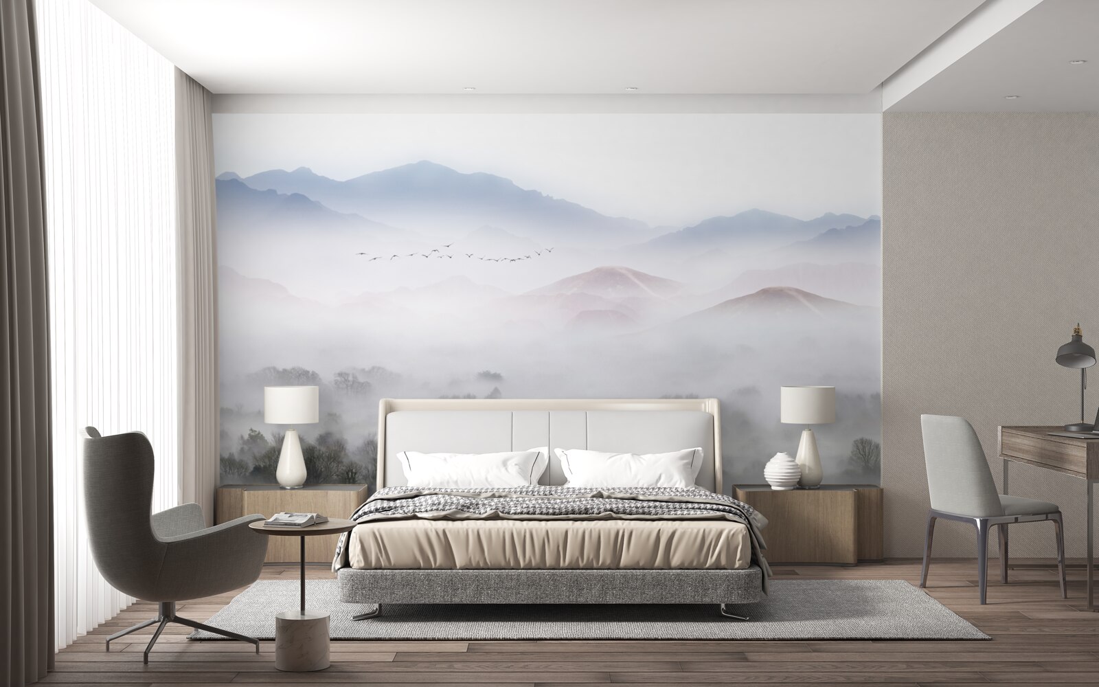 Papier peint un brouillard dense et frais recouvre les sommets des montagnes