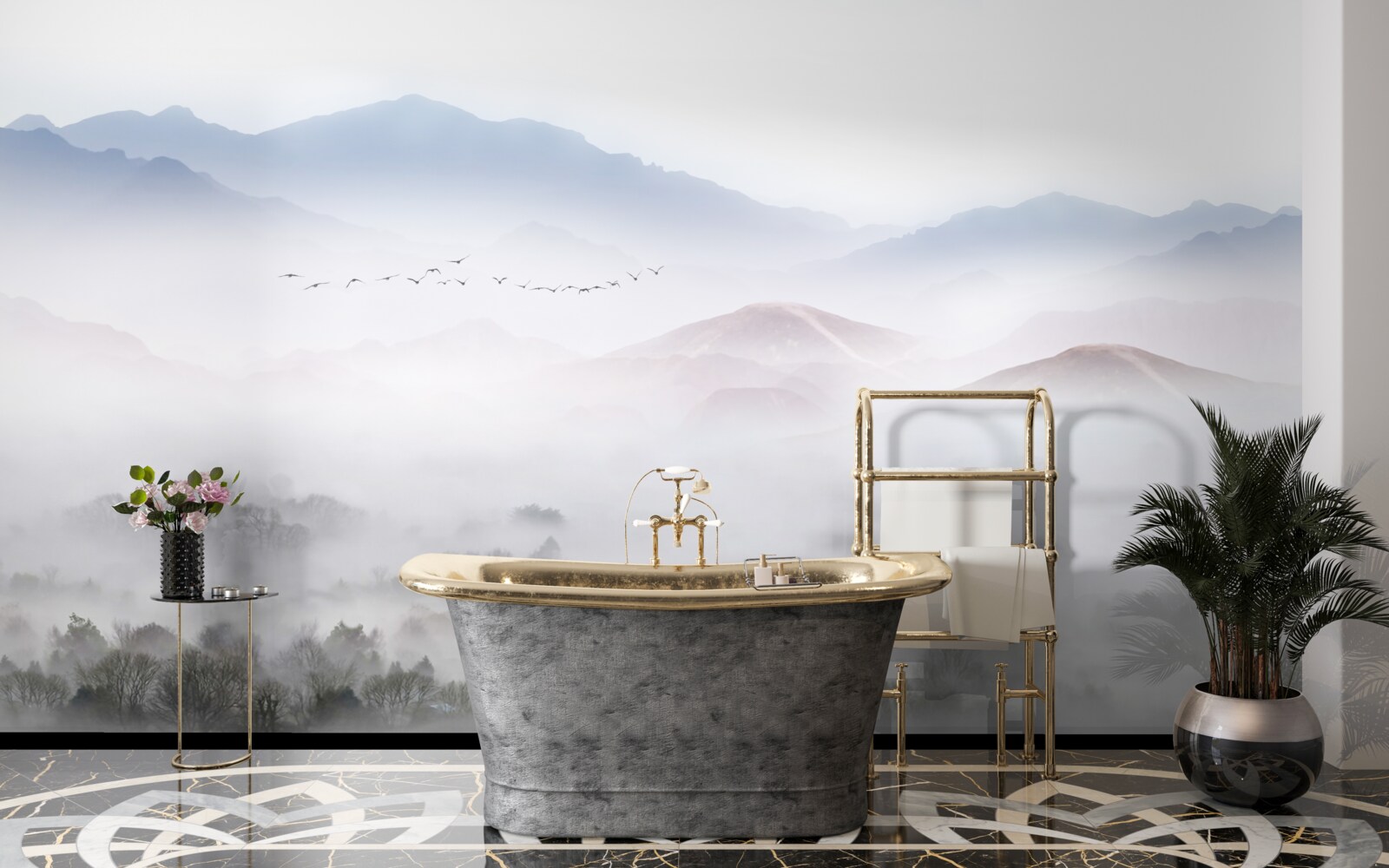 Papier peint un brouillard dense et frais recouvre les sommets des montagnes