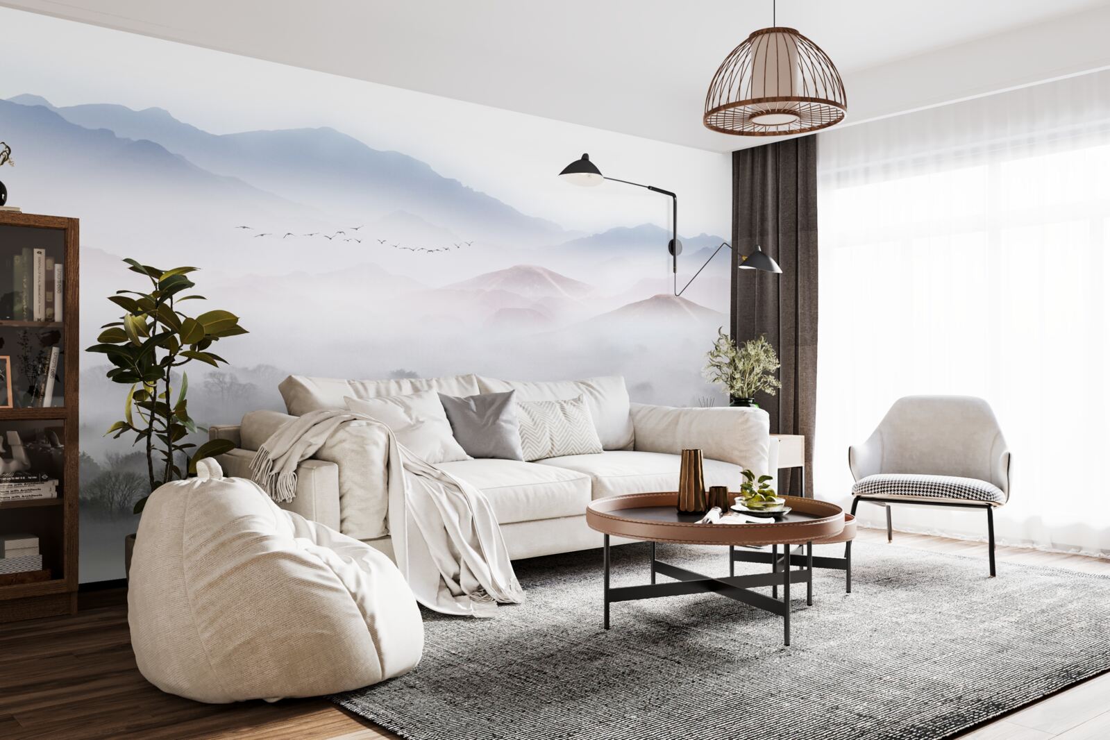 Papier peint un brouillard dense et frais recouvre les sommets des montagnes