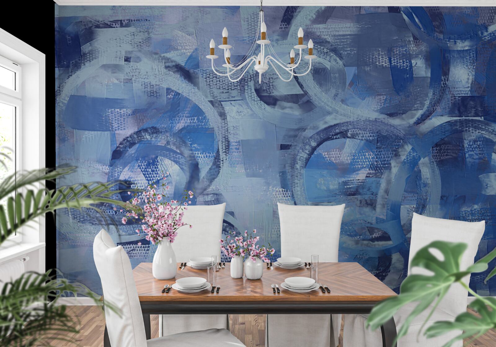 Papier peint anneaux d'eau sur une surface bleue