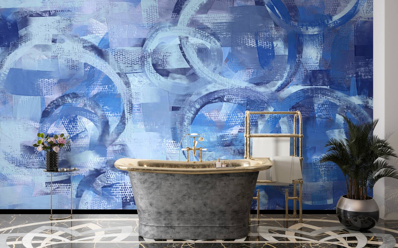 Papier peint anneaux d'eau sur une surface bleue