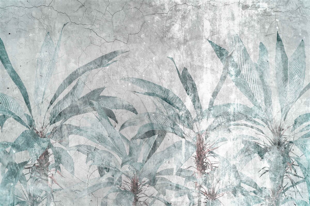 Papier peint palmiers entourés de verdure sous les gouttes de pluie