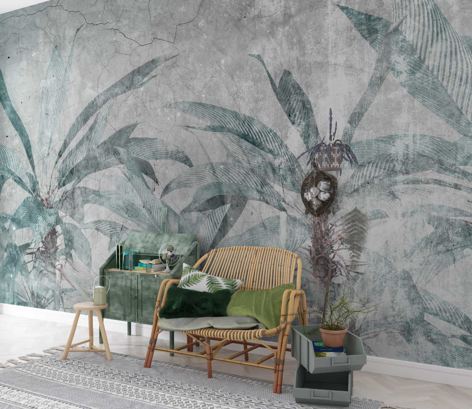 Papier peint palmiers entourés de verdure sous les gouttes de pluie