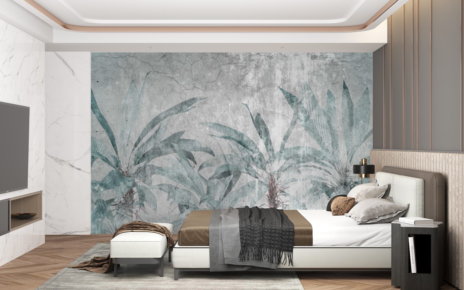 Papier peint palmiers entourés de verdure sous les gouttes de pluie