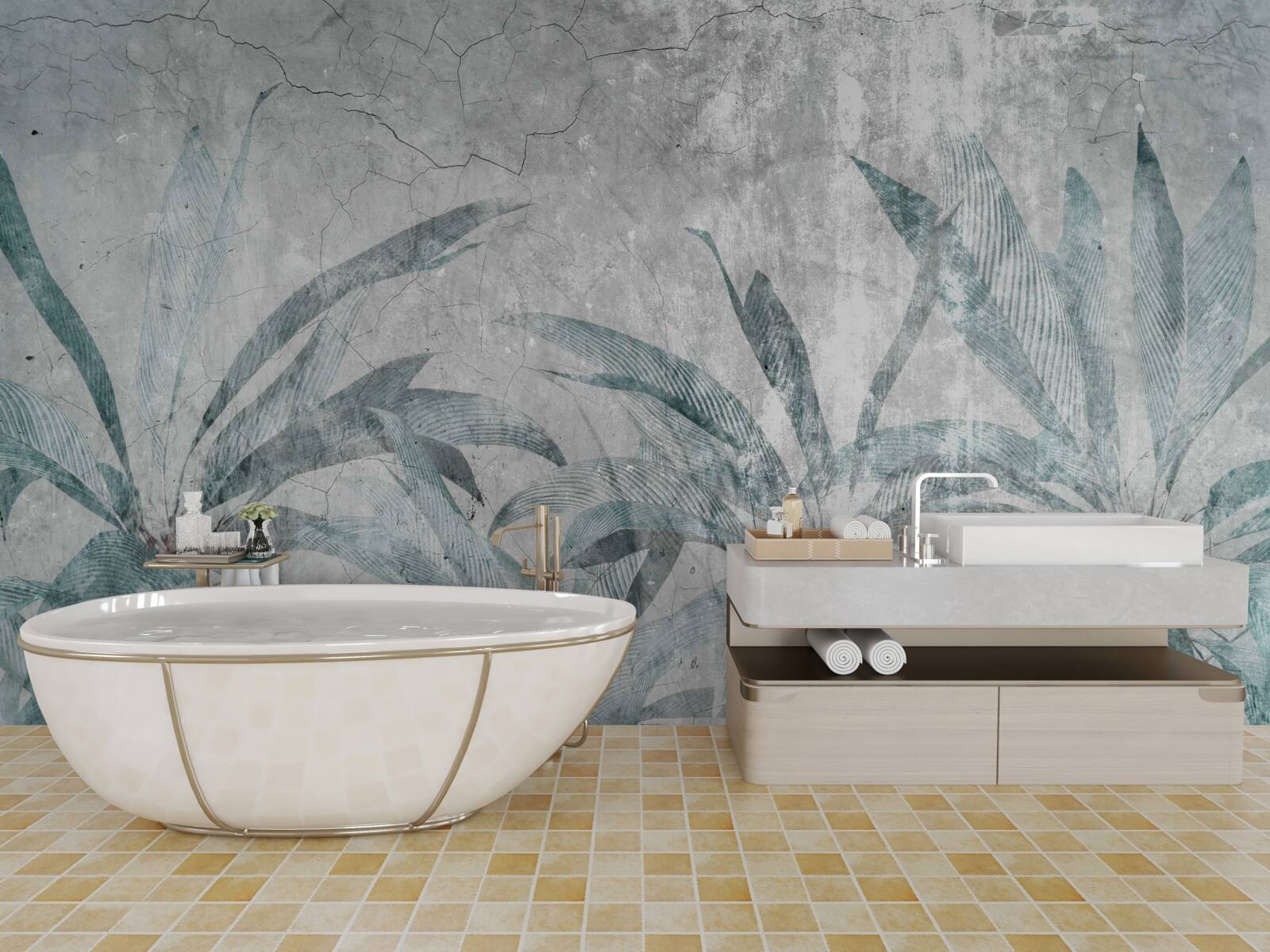 Papier peint palmiers entourés de verdure sous les gouttes de pluie