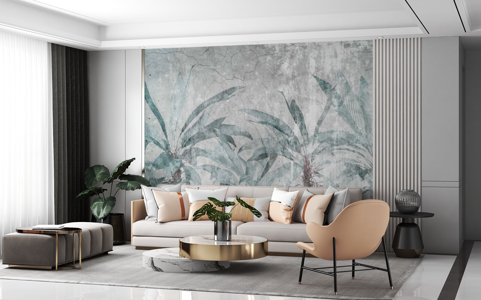 Papier peint palmiers entourés de verdure sous les gouttes de pluie