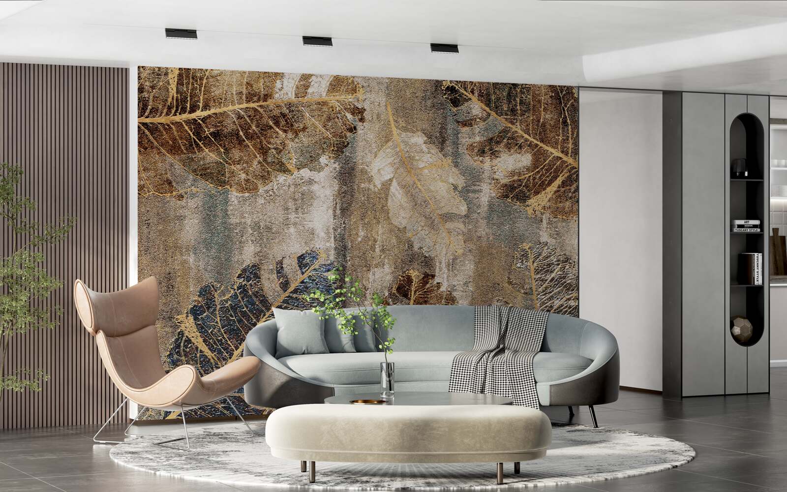 Papier peint feuilles de fougère dorées et noires