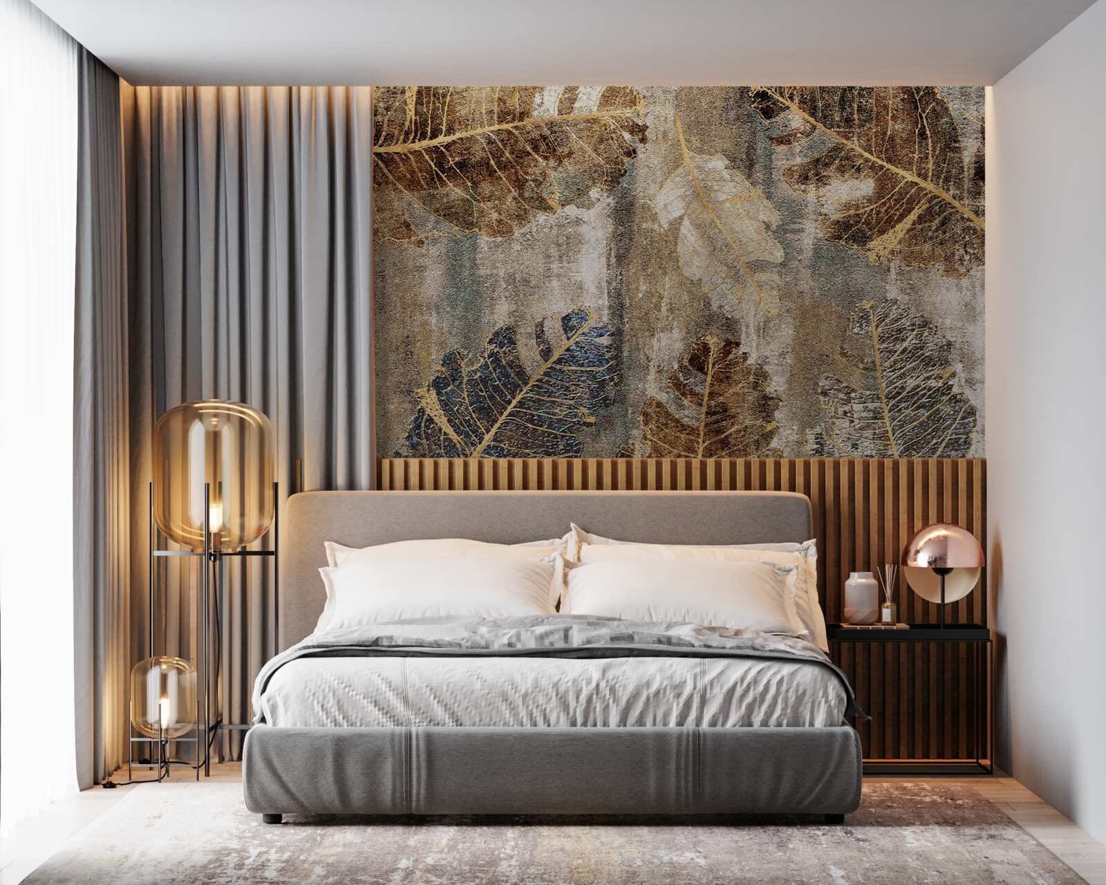 Papier peint feuilles de fougère dorées et noires