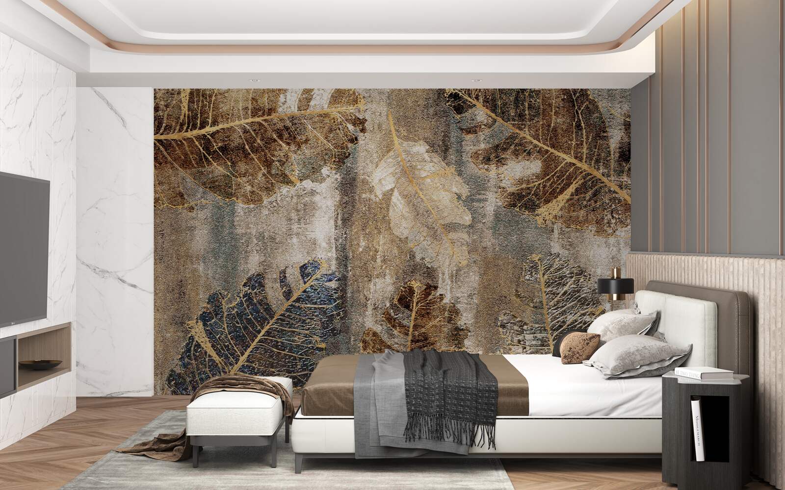 Papier peint feuilles de fougère dorées et noires