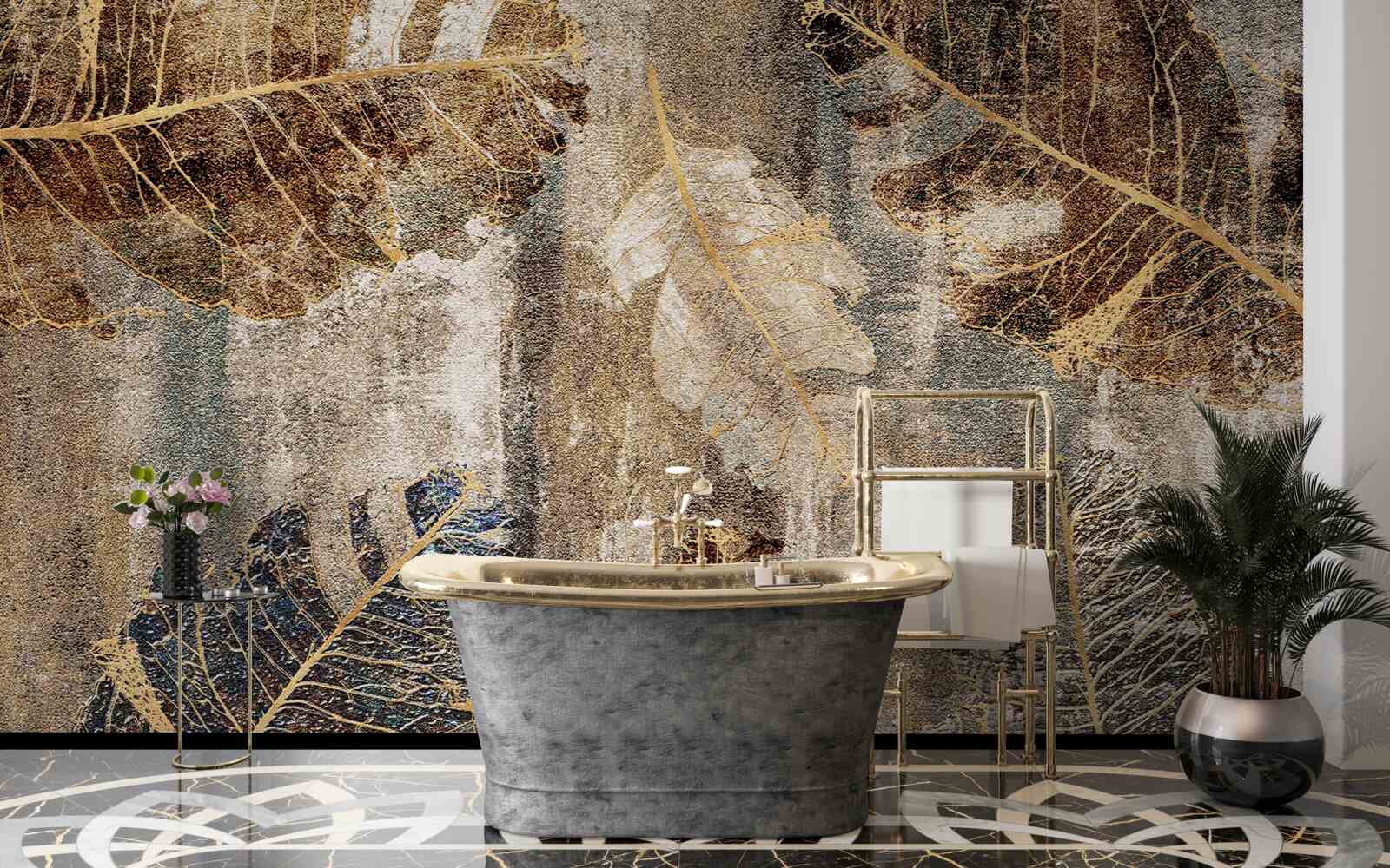 Papier peint feuilles de fougère dorées et noires