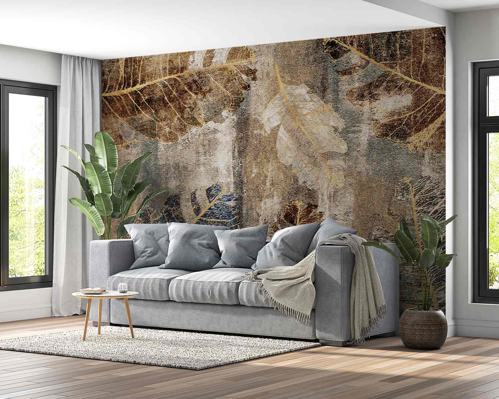 Papier peint feuilles de fougère dorées et noires