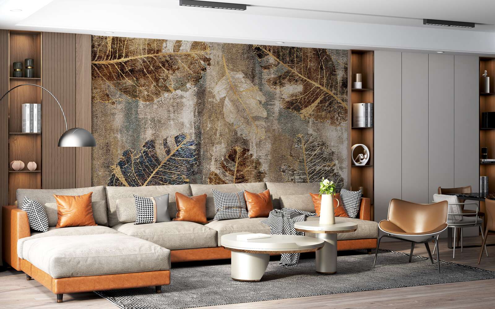 Papier peint feuilles de fougère dorées et noires