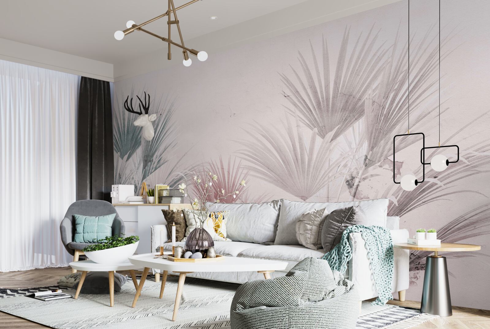 Papier peint fougères tropicales multicolores