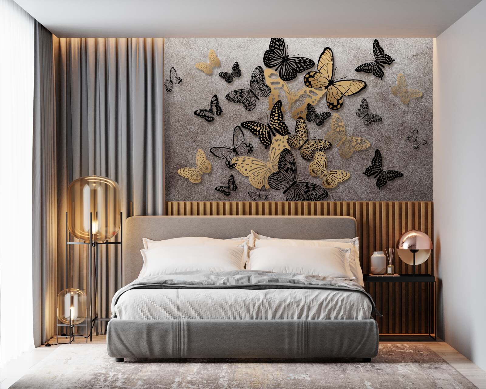 Papier peint les papillons dorés et noirs s'envolent