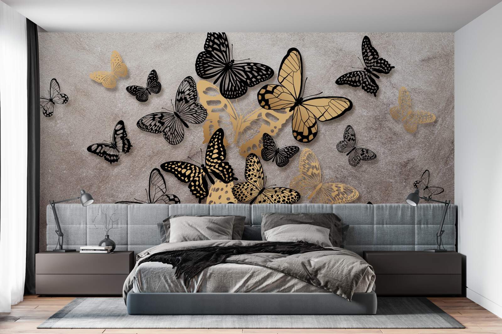 Papier peint les papillons dorés et noirs s'envolent