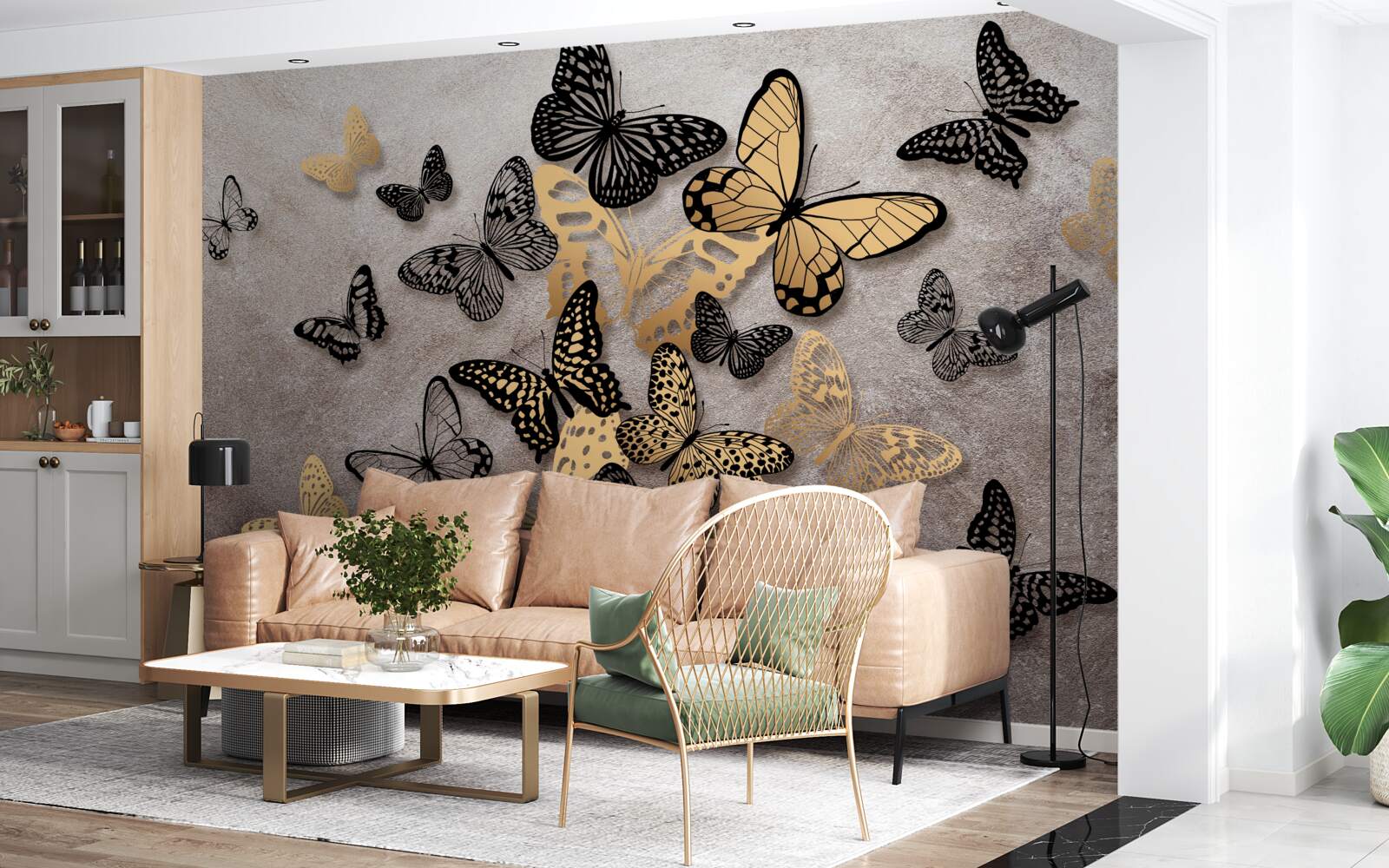 Papier peint les papillons dorés et noirs s'envolent