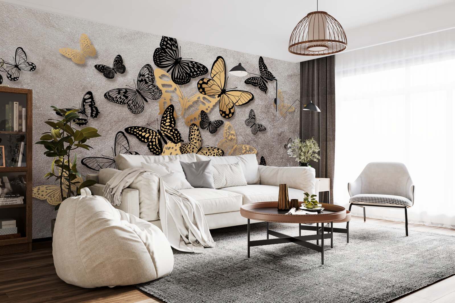 Papier peint les papillons dorés et noirs s'envolent