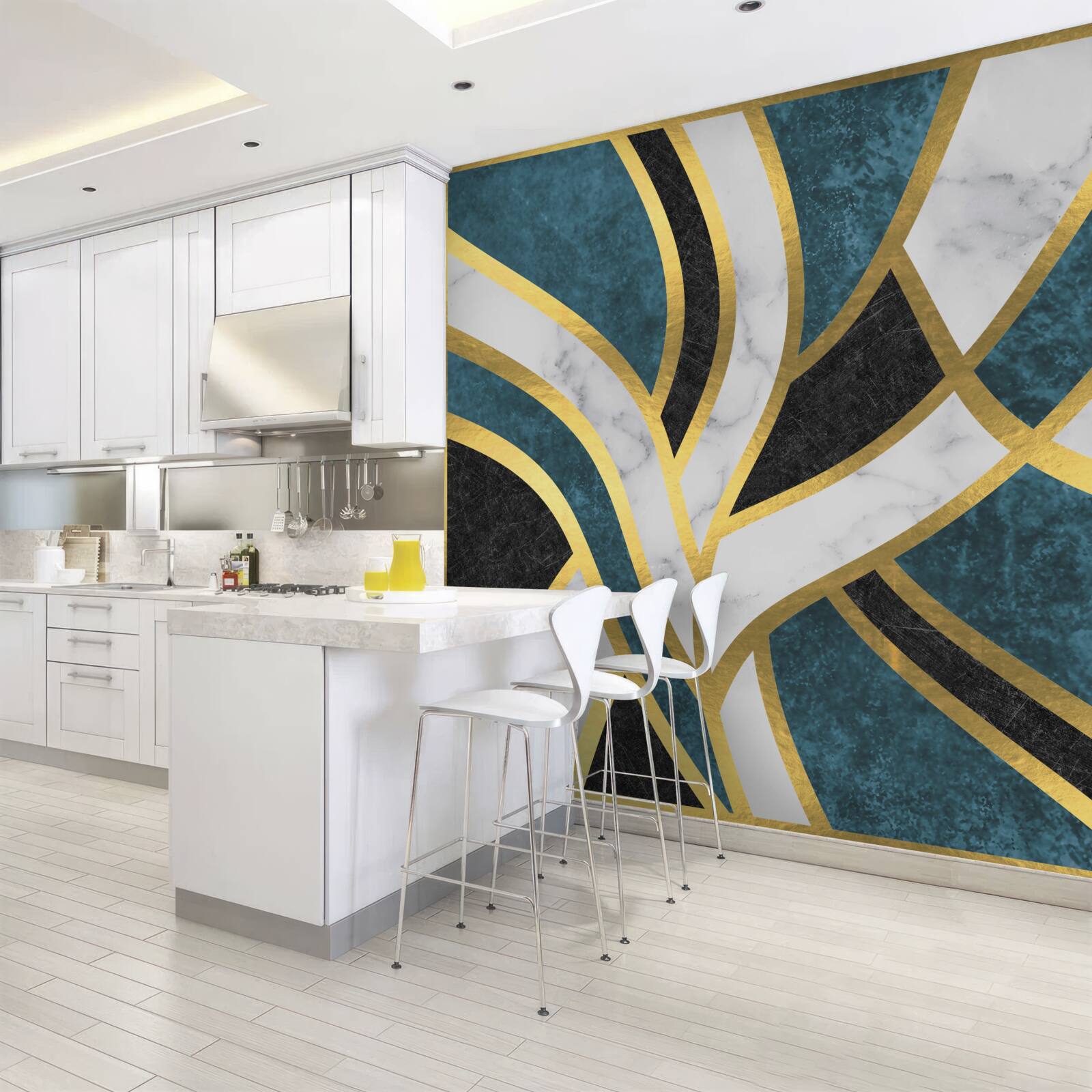 Papier peint des figures dorées, aux contours lisses, se rejoignant au centre de la