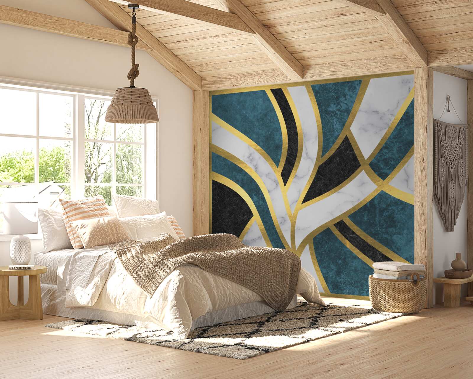 Papier peint des figures dorées, aux contours lisses, se rejoignant au centre de la