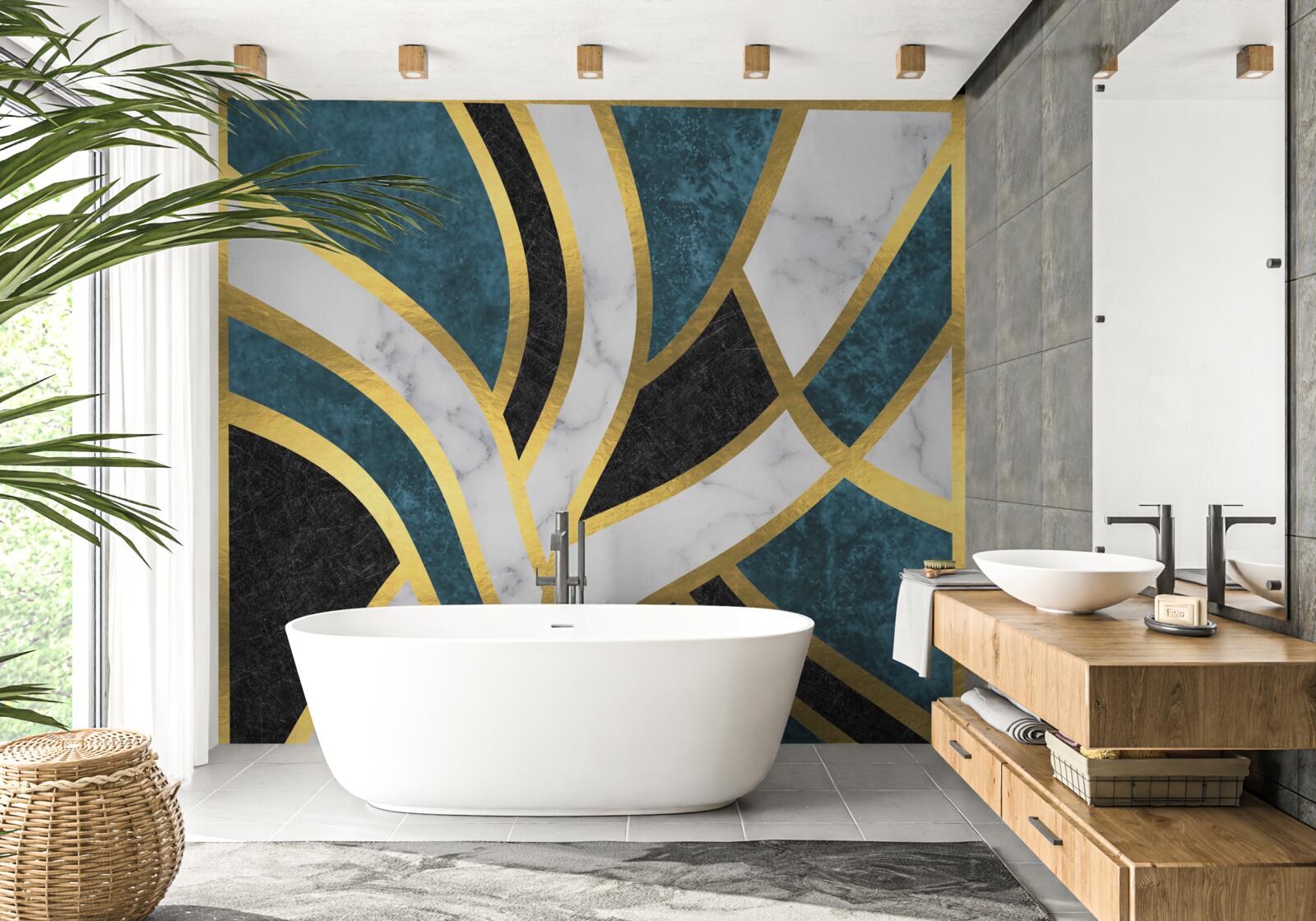 Papier peint des figures dorées, aux contours lisses, se rejoignant au centre de la