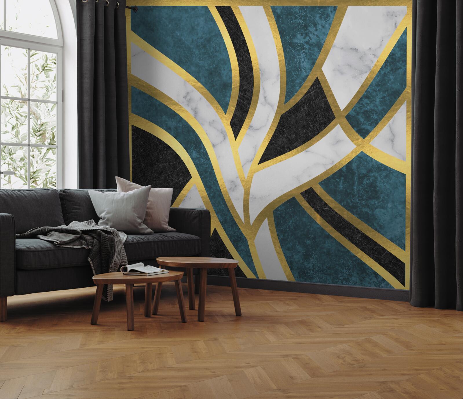 Papier peint des figures dorées, aux contours lisses, se rejoignant au centre de la