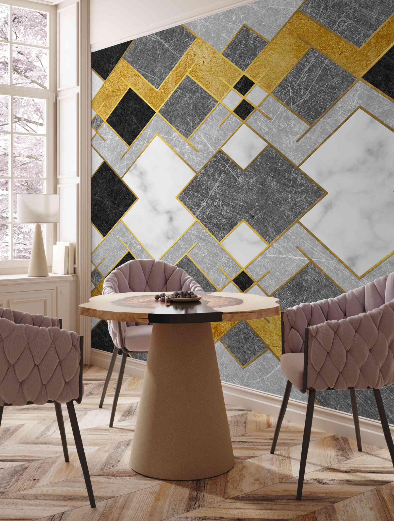 Papier peint des carrés de différentes couleurs se reflétant dans un miroir