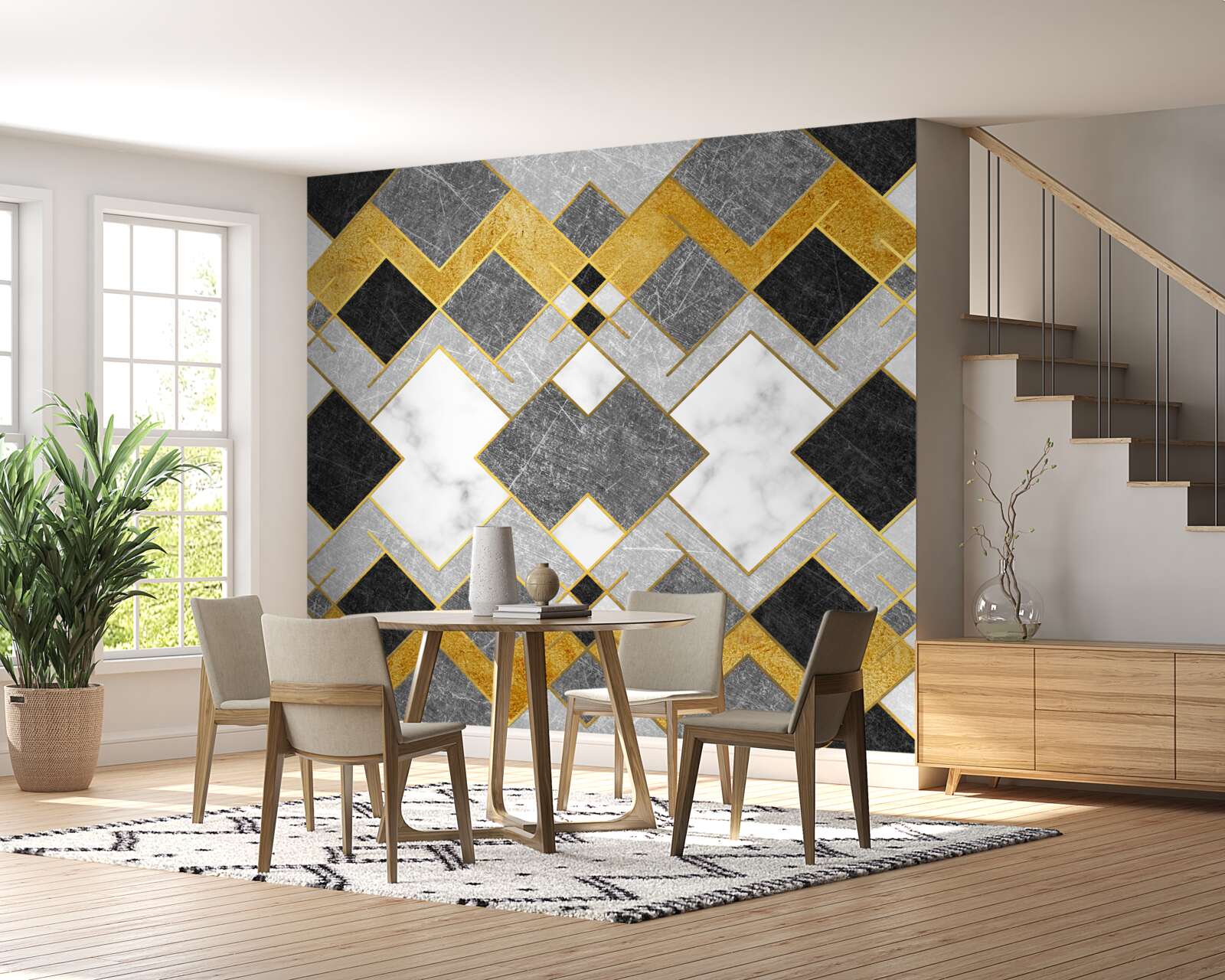 Papier peint des carrés de différentes couleurs se reflétant dans un miroir